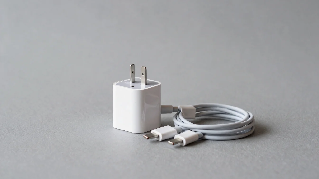 Close product shot of a wall charger and a charging cable coiled