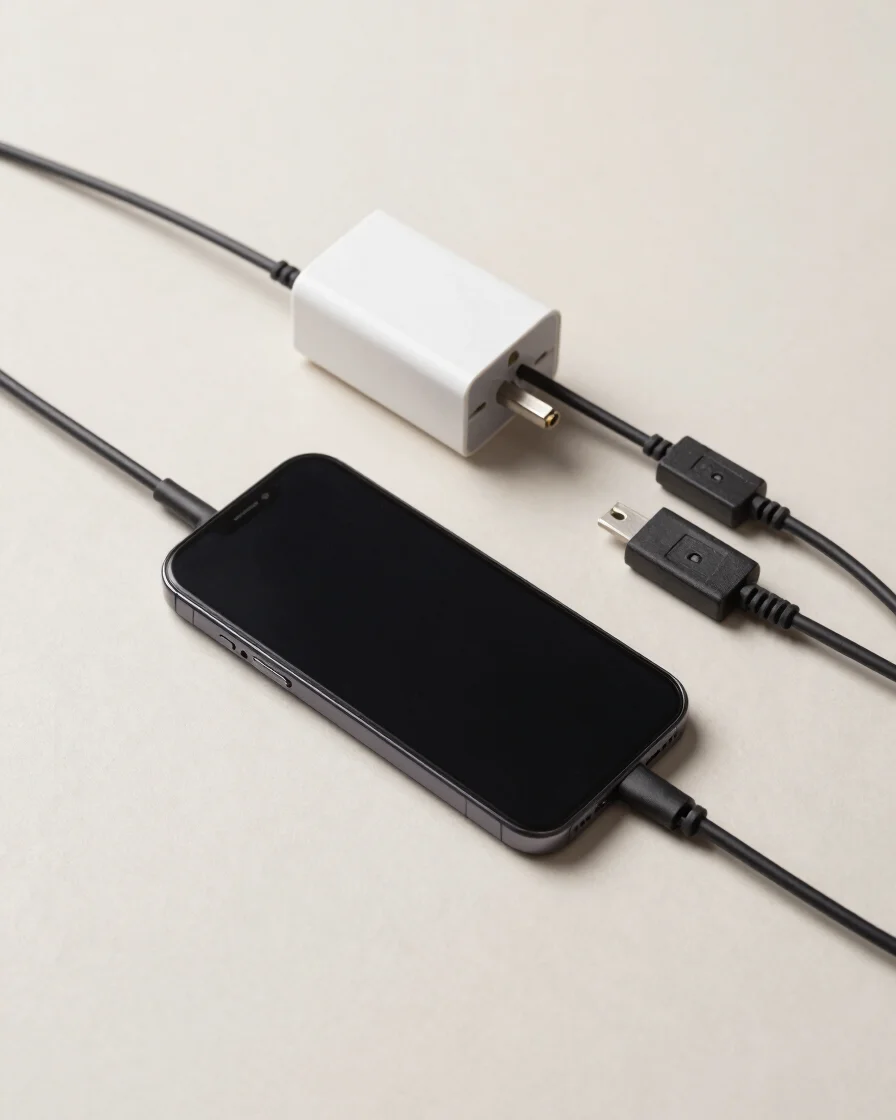 Overhead view of a mobile handset, charging cable, and wall adapter arranged neatly on a pale neutral surface, soft even