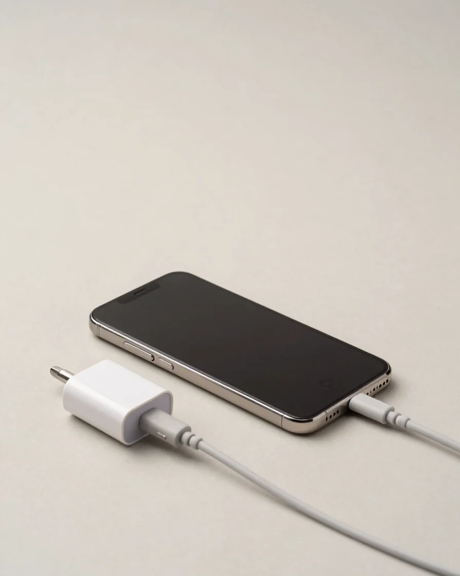 Clean commercial product photography of a mobile handset beside a neatly coiled charger on a pale neutral surface, soft