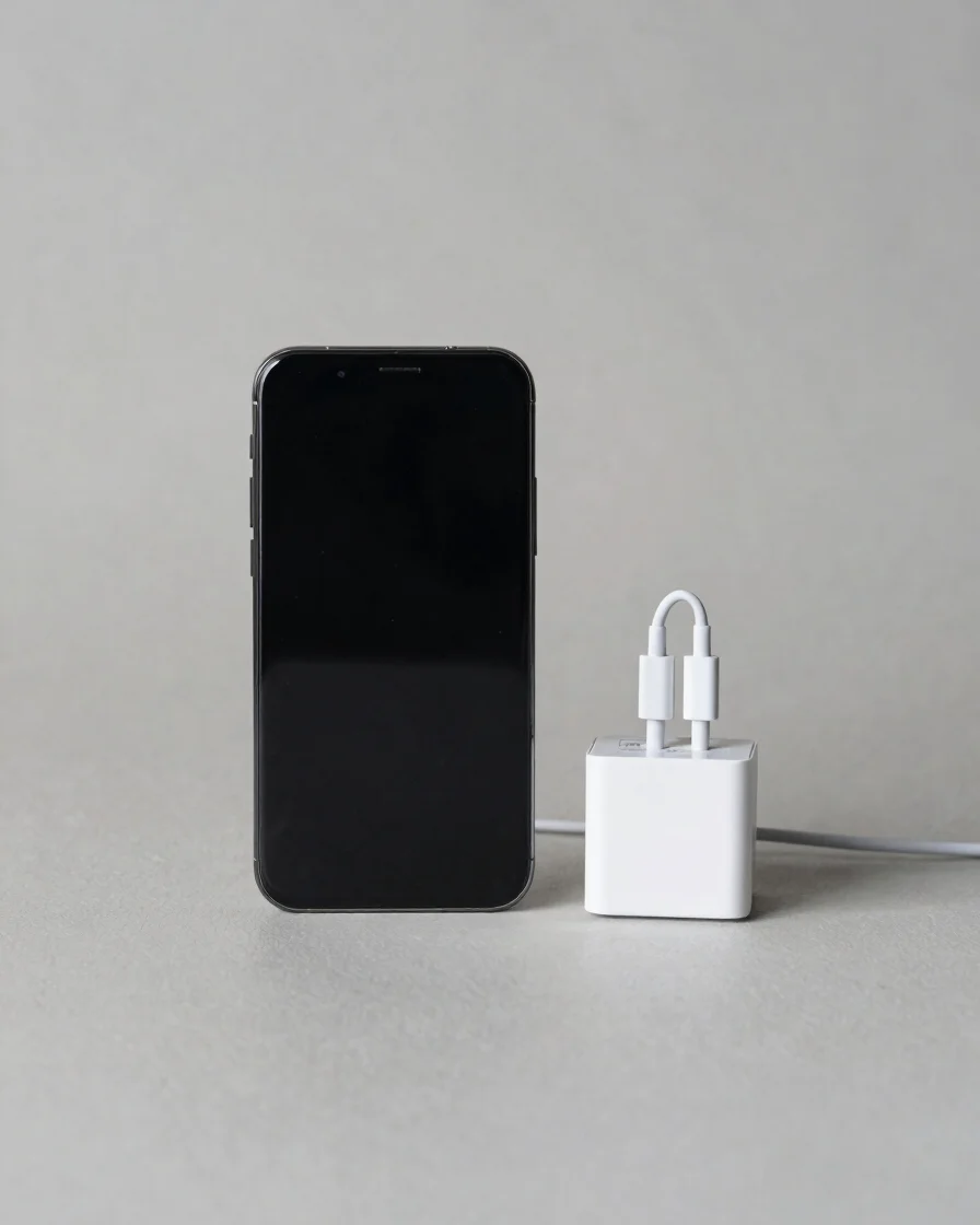 Clean commercial product photography of a mobile handset and a wall charger with cable arranged on a neutral light gray